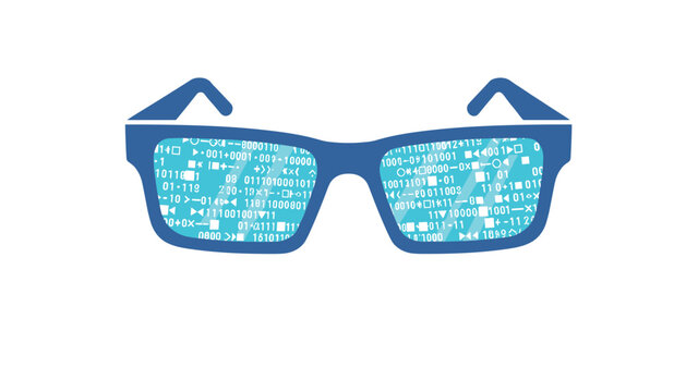 Glasses with glowing binary code in the lenses representing digital vision technology and data analytics concepts for modern software developers.