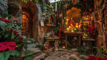 Fototapeta premium A small, cozy, and ornate outdoor shrine decorated with candles, flowers, and religious figurines.