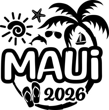 Maui Hawaii 2026 with Vacation and Trip Elements - Palm Tree Sunglasses Dolphin