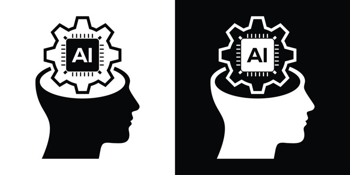 Human profile silhouette with AI microchip and gear wheel icon inside brain. Concepts for artificial intelligence and machine learning.