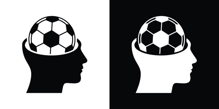 Human head profile icon with a soccer ball inside the brain. Concept for sports psychology, football tactics, training, and mindset.