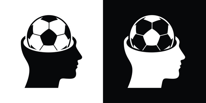Human head profile icon with a soccer ball inside the brain. Concept for sports psychology, football tactics, training, and mindset.