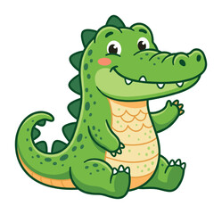 Fototapeta premium Cartoon crocodile character sitting, smiling, waving, perfect for children’s designs and happy themes