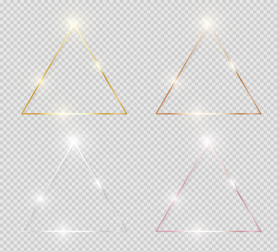 Yellow and pink gold, silver and bronze shiny glowing vintage frames with shadows pack isolated on transparent background. Golden luxury realistic triangle art borders. Vector illustration