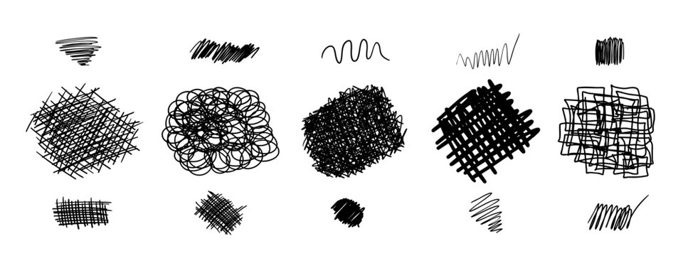 Set of black grunge doodle hand drawn scribble shapes textures and curves isolated on white. Sketch style ink symbols collection. Vector illustration