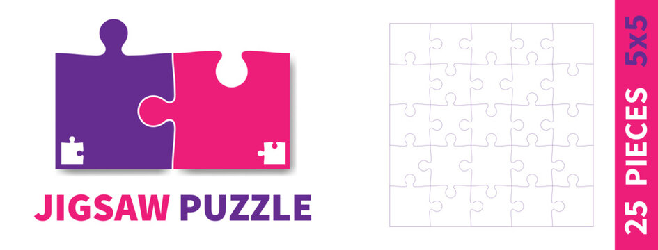 Detailed various shapes puzzle grid. Jigsaw puzzle blank template. 5x5 shapes, 25 pieces. Separate matching puzzle elements. Vector illustration