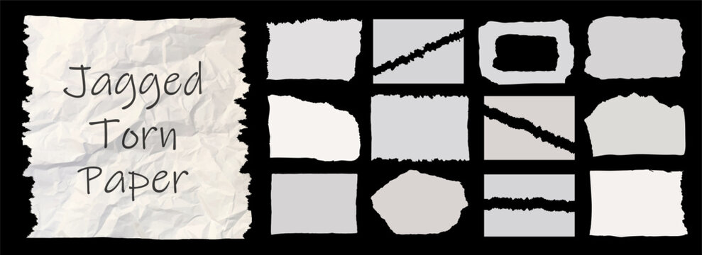 Jagged white paper torn pack isolated on black background. Rectangle, square and parts set of jagged edge shapes. Rectangle torn paper shape. Grunge border frames paper sheet fragments. Vector illustr
