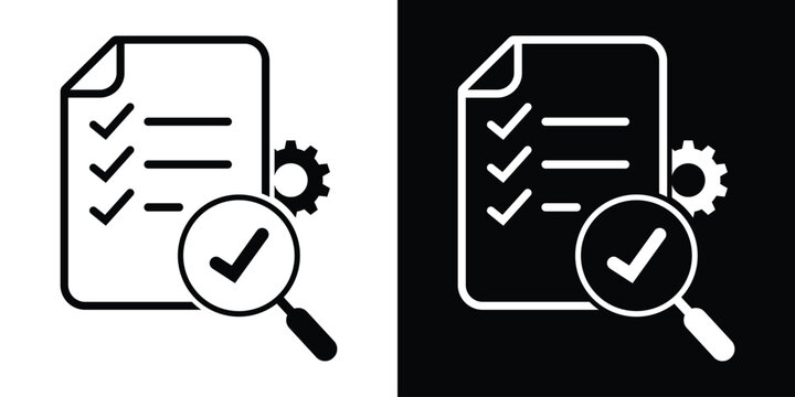 Document checklist icon with a settings gear, checkmark, and magnifying glass. Vector graphic for automated workflow optimization, process control, and task verification.