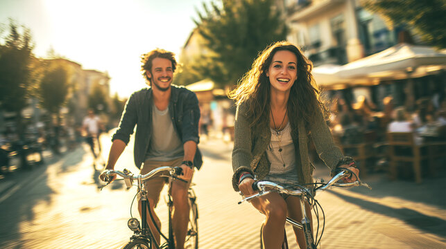 Pareja joven paseando en bicicleta por una vibrante y soleada calle del mercado. Viajes de verano, estilo de vida de aventura urbana.
