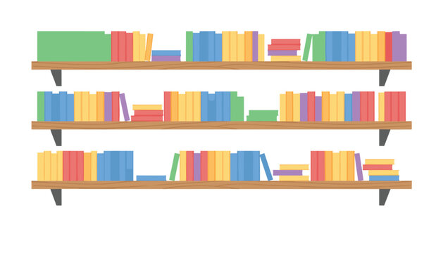 Three rows of wooden wall-mounted shelves filled with various colorful books showcasing an organized collection for reading and storage.