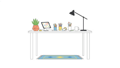 Fototapeta premium Cozy workspace setup with a desk lamp, potted plant, tablet, and pencils on a desk above a patterned rug for creative work.