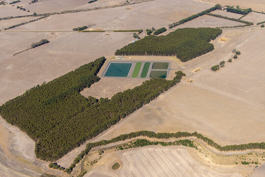 Birregurra aerial view of irrigation ponds and afforestation and forested area, Victoria Australia