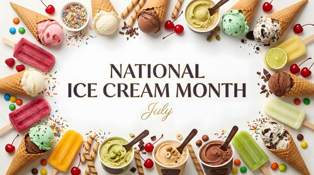 National ice cream month celebration variety of frozen desserts treats