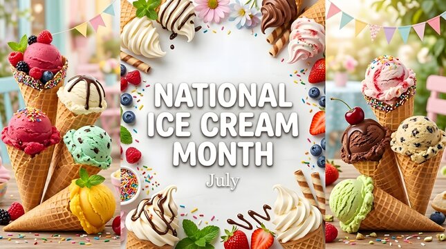 National ice cream month celebration with variety of flavors and toppings