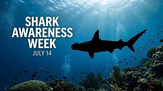 Shark awareness week underwater scene with silhouette