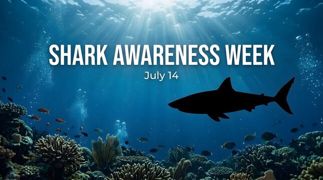 Shark awareness week underwater scene with coral reef
