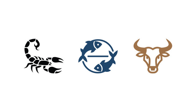 Set of three zodiac symbols featuring stylized illustrations of scorpio pisces and taurus signs isolated on white background for astrology.