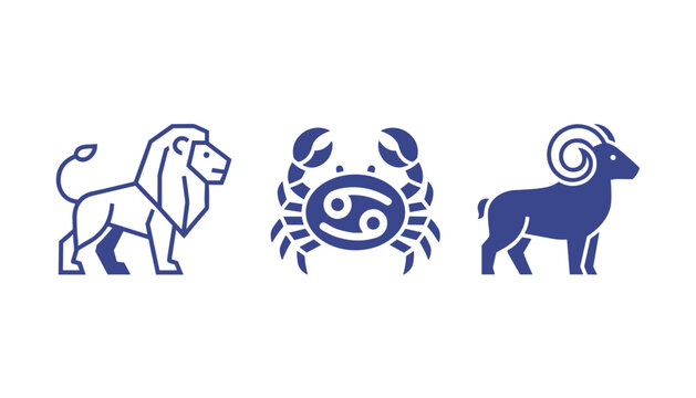 Collection of three zodiac icons representing leo cancer and aries constellations rendered in blue vector style for astrology enthusiasts.
