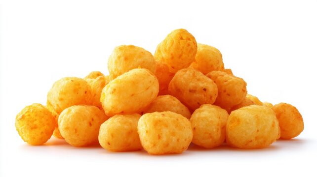 Pile of crunchy corn puffs on white background. Artificial intelligence image