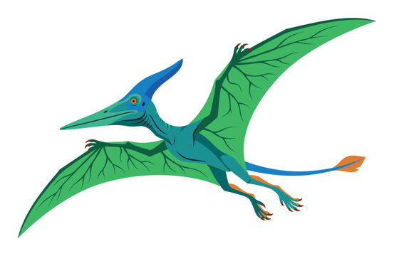 Pterodactyl soars with expansive green wings, showcasing an ancient prehistoric reptile in a vector illustration
