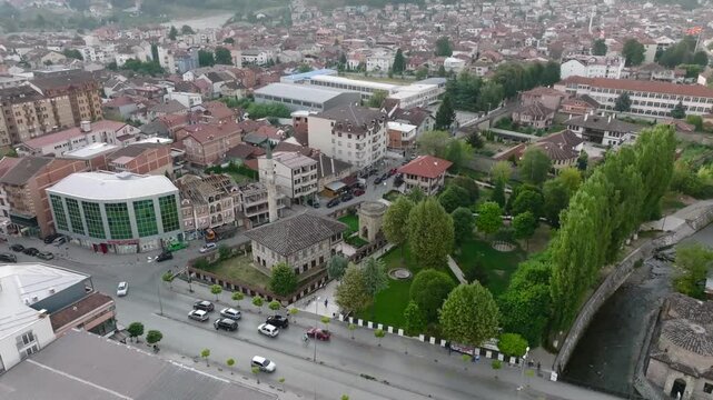 Aerial Drone Shot of Colorful or painted Mosque Sarena Dzamija in Tetovo, North Macedonia. Unique decorated mosque