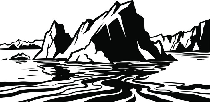 Black and white illustration of mountains in the water