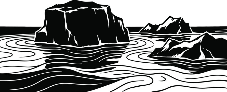Black and white illustration of icebergs floating in water