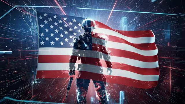 Soldier standing against a flowing American flag in a digital light tunnel. Futuristic military warrior animation for Memorial Day or Independence Day celebration.