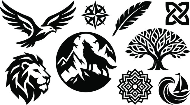 Set of black and white tribal animal and nature icons