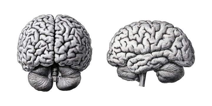 Vintage anatomical drawing displaying two detailed views of the human brain including the cerebrum and cerebellum structure&nbsp;