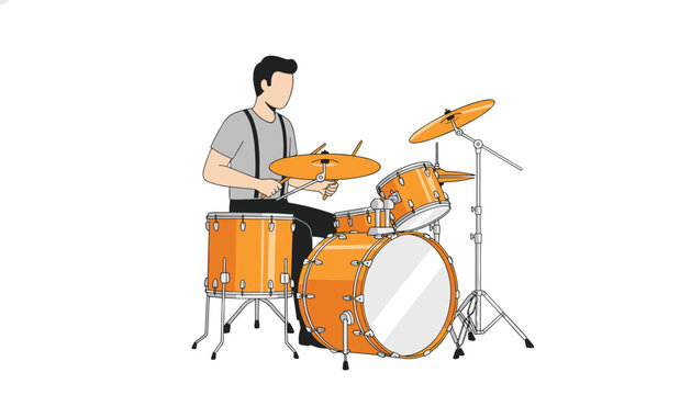 Musician wearing suspenders playing a vibrant orange drum set with cymbals during a musical performance or practice session in a studio setting.