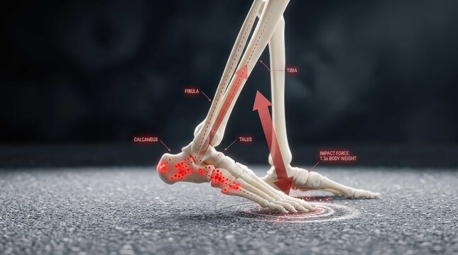 Anatomical skeletal foot model with biomechanical force analysis, demonstrating the pressure points and stress distribution on the calcaneus and metatarsals during impact for medical educational use.