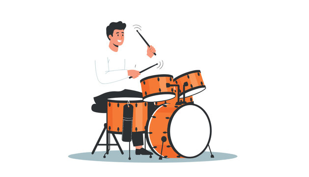 Energetic drummer in a white long-sleeve shirt playing a professional orange drum set with focus and enthusiasm in a musical studio environment.