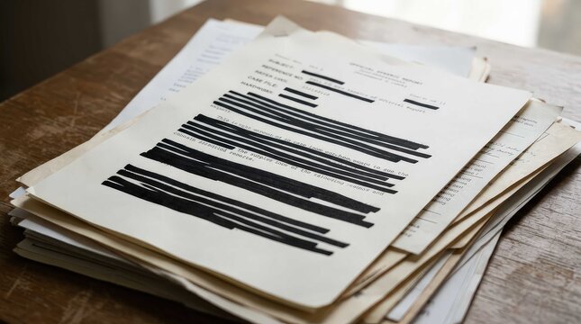 Confidential government documents with redacted information and black ink markings, presented in a widescreen cinematic composition on a rustic wooden desk, highlighting mystery and investigation.