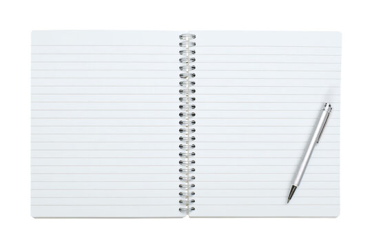 Open spiral bound notebook with clean lined white pages displaying ample copy space alongside a sleek silver metallic pen&nbsp;&nbsp;