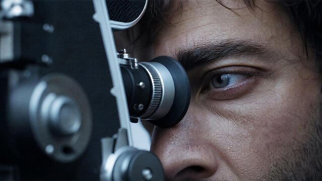 Close Up of a Filmmaker Eye Looking Through a Professional Cinema Camera Viewfinder