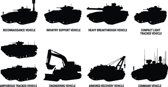 Military Tracked Vehicle Silhouette Collection Featuring Armored Combat, Engineering, Recovery and Command Vehicle Vector Set