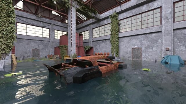 浸水した倉庫　3DCGレンダリング