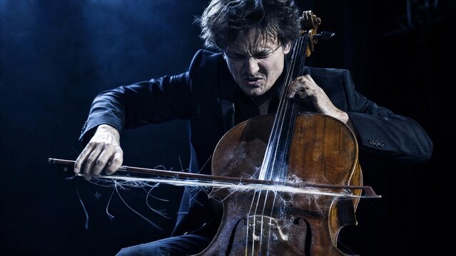 Passionate Professional Male Cellist Playing with Intensity and Broken Bow Strings in Dramatic Lighting