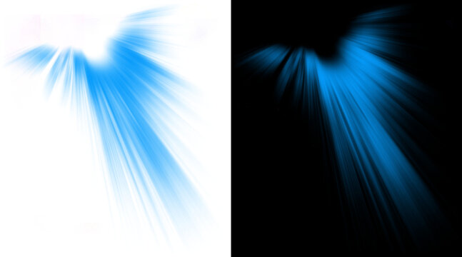 Ethereal blue light rays on black and white backgrounds, glowing celestial sunbeams with motion blur, abstract angelic wing light effect for overlays