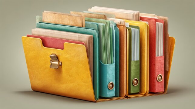 Manila file folder with assorted documents, clean office paperwork and organization concept, isolated on white background.