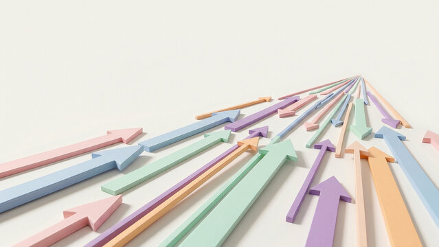 Pastel 3D Arrows Converging at Horizon Representing Business Strategy Direction Future Vision Perfect for Corporate Presentation Advertising Brochure Banner