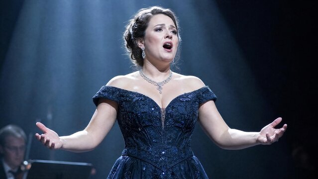 Professional Female Opera Singer Performing on Stage in Elegant Navy Gown