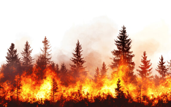 Dramatic illustration depicting a raging inferno engulfing a dense silhouette of evergreen pine forest trees with intense orange and yellow flames&nbsp;