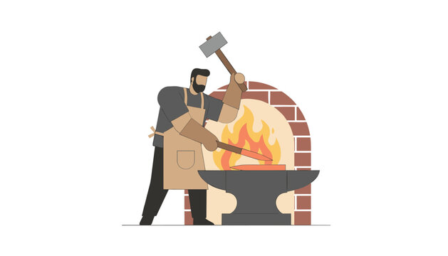 Blacksmith wears a protective apron and gloves while swinging a heavy hammer to shape glowing hot metal on an iron anvil in a forge.