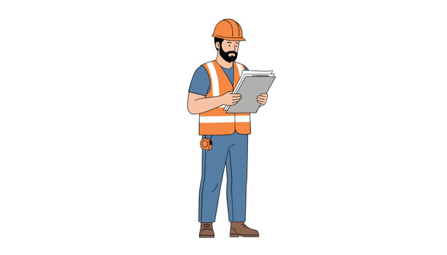 Construction foreman with a beard wears a safety vest and hard hat while holding large architectural blueprints and a tape measure on site.