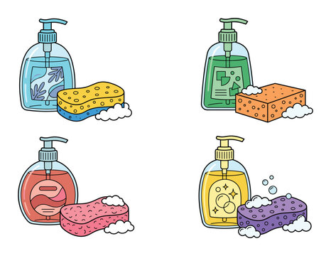 Four illustrations show liquid-soap pump bottles paired with matching sponges and bubbles, symbolizing sanitation and cleanliness