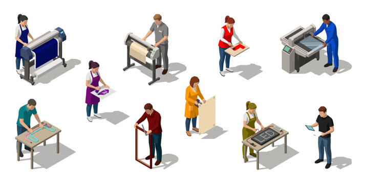 Signage and print shop staff operating large format printers and making banners | Isometric flat vector illustration graphics set
