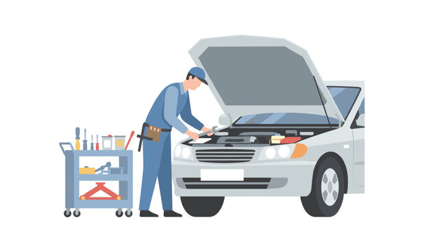 Car repair technician working on vehicle engine with open hood and portable tools cart next to him.