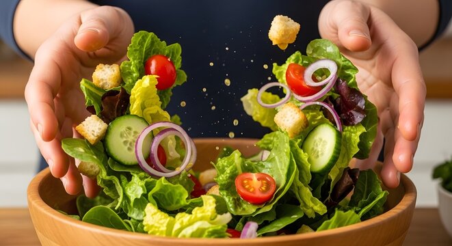 Hands Tossing Colorful Fresh Vegetable Salad in Rustic Wooden Bowl for Healthy Homemade Meal